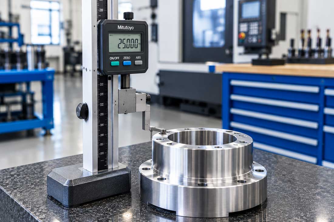 Operator beside a coordinate measuring machine inspecting a housing