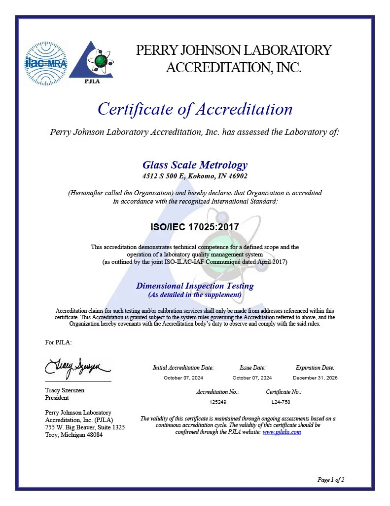 Glass Scale Metrology ISO/IEC 17025:2017 certificate